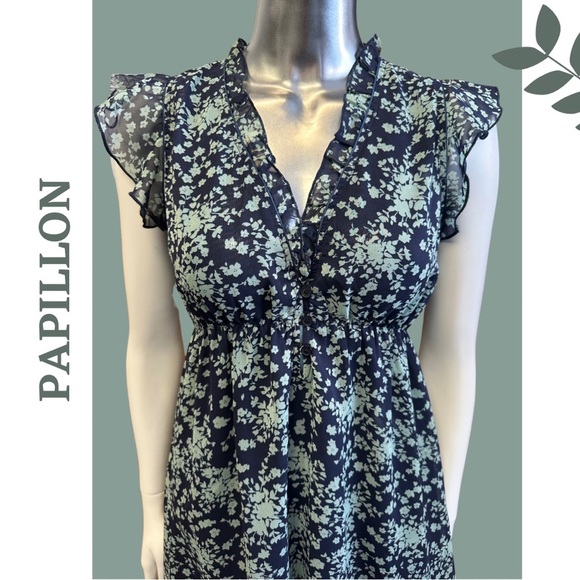 Papillon Floral Print Cap Sleeve V-Neck Dress Ruffle Trim Lined Size Medium - Picture 5 of 9